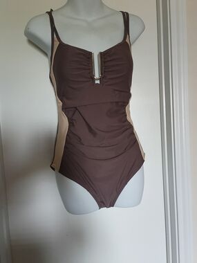Brown One-Piece Swimsuit with Beige Side Panels